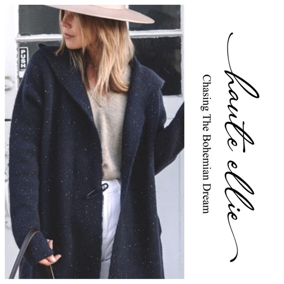 JULES-Speckled Navy Wide Lapel Hooded Coatigan - Picture 7 of 10